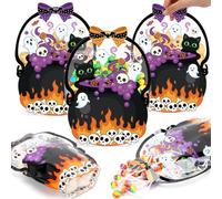 Fuutreo 25 Pcs Halloween Plastic Bags Clear Black Cat Witch Cauldron Sealed Gift Pouches with Handles Resealable Scary Holiday Favor Bags for Halloween Holiday Party Candy Gift Wrapping Supplies Decor