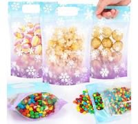 Fuutreo 50 Pcs Snowflake Gift Bags Winter Clear Sealing Pouches with Handles Resealable Blue Purple Birthday Plastic Bag for Winter Holiday Snowflake Party Candy Gift Wrap Supplies Decoration (Snow)