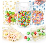 Fuutreo 50 Pcs Snowflake Gift Bags Xmas Clear Sealing Pouches with Handles Resealable Blue White Gold Christmas Plastic Bag for Xmas Winter Holiday Party Candy Gift Wrap Supplies Decoration (Snow)