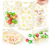 Fuutreo 50 Pcs Snowflake Gift Bags Xmas Clear Sealing Pouches with Handles Resealable Gold Christmas Plastic Bag for Xmas Winter Holiday Party Candy Gift Wrap Supplies Decoration (Gold Snowflake)