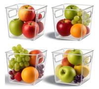 Fuutuu 4 Pack Clear Plastic Storage Boxes for Fridge, Freezer, Cupboard, Pantry, Kitchen Organiser with Handles, Fridge Drawers for Food, Fruit, Vegetable, Snack
