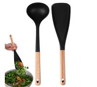 Fuuxtci Cooking Spoon for Non-Stick Cookware, Cookware with Wooden Handle and Non-Stick Coating, Mixing Spoon Set with Wooden Handle, for Baking, Stirring, Serving in the Home, Restaurant
