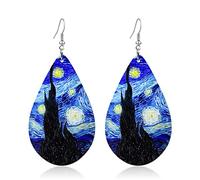 Fuvirou Lightweight Handmade Nature Wooden Sunflower Oil Painting Dangle Drop Earrings Boho teardrop Van Gogh Starry Wood Earring for Women Girls Creative Artwork Pendant Earrings Jewelry, Wood, np
