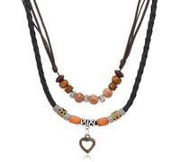 Fuvirou Western Layered Boho Wood Beads Choker Necklace for Women and Men Retro Luck Copper Coins Heart Shaped Flower Braided Adjustable Leather Cords Beaded Choker Necklace Jewelry, S, Leather, No
