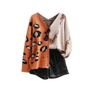 FUVYKOL Leopard Cardigan for Women Tiger Print Button Down Color Block V Neck Sweaters Long Sleeve Lightweight Outwear, Orange, M