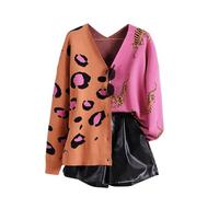 FUVYKOL Leopard Cardigan for Women Tiger Print Button Down Color Block V Neck Sweaters Long Sleeve Lightweight Outwear, Orange+Pink, M