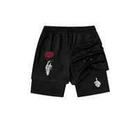 FUVYKOL Men's Goth Graphic with Liner Drawstring Elastic Waisted Gym Running 2 in 1 Workout Athletic Shorts, Black and Red, X-Large