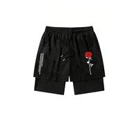 FUVYKOL Men's Goth Graphic with Liner Drawstring Elastic Waisted Gym Running 2 in 1 Workout Athletic Shorts, Black Floral, Large