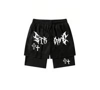 FUVYKOL Men's Goth Graphic with Liner Drawstring Elastic Waisted Gym Running 2 in 1 Workout Athletic Shorts, Black Dark, Small