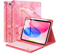 FUWANG for iPad A16 11th 10th Generation Case with Keyboard, Detachable 7 Colors Backlit Wireless Marble Keyboard Case with Pencil Holder for iPad A16 11th 11-inch 2025 &10th Gen 10.9 Inch 2022, Pink