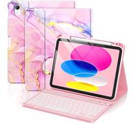 FUWANG For iPad A16 Case Keyboard & 10th Gen 2022 (11/10.9 inch), Marble Folio iPad Case with Detachable Magnetic Keyboard and 7 Color Backlit, with Pencil Holder - US Layout (Pink)