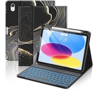 FUWANG For iPad A16 Case Keyboard and 10th Gen 2022 (11/10.9 inch), iPad Case with Keyboard Detachable 7 Colors Backlit Marble Folio with Pencil Holder (Black)