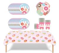 Fuwraixis 61 Pieces Donut Party Tableware, Kids Party Decoration Tableware Set, Includes Napkins, Tablecloths, Paper Cups, Paper Plates, Suitable for Baby Shower and Anniversary, for 20 People