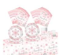 Fuwraixis Frozen Party Tableware, 61 Pieces Snowflake Element Party Decorations, Children's Birthday Paper Plates Set, Pink Snowflake Paper Cups, Napkins and Tablecloths, for 20 People