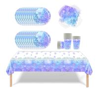 Fuwraixis Frozen Party Tableware, Blue and Purple Snowflakes Party Tableware, 20 Napkins 20 Paper Cups 20 Paper Plates 1 Tablecloth, Tableware for Kids and Adults