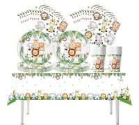 Fuwraixis Jungle animals party tableware, 61 piece Little Elephant and Lion birthday decoration cutlery, Cute tiger party supplies set, Includes paper cups, plates, napkins and tablecloths(20 guests)