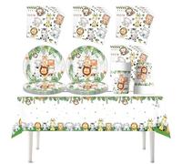 Fuwraixis Jungle Animals Party Tableware, Cute Lion Theme Party Paper Plates Set, 61 Pieces Tiger Monkey Elephant Children's Birthday Tableware, Suitable for Anniversaries and Baby Christenings