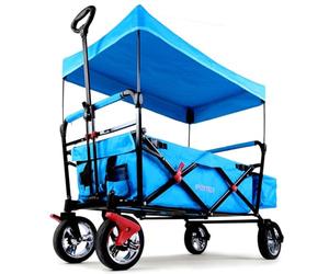 FUXLIFE FX-CT500 | Foldable Kids Wagon with Sun Canopy, Children's Pull Along Wagon with Padded Seat, Heavy Duty Folding Wagon, Compact Utility Cart with Rear Pocket | Blue