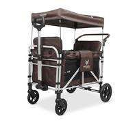 FUXLIFE FX-CTXL900 Premium XL Folding Wagon for 4 Kids with Raised Double Seats, 5-Point Safety Belts & Sun Canopy - Foldable Handcart with Solid Rubber Tyres - Brown