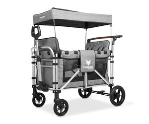 FUXLIFE FX-CTXL900 Premium XL Folding Wagon for 4 Kids with Raised Double Seats, 5-Point Safety Belts & Sun Canopy - Foldable Handcart with Solid Rubber Tyres - Premium Grey