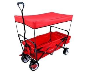 FUXTEC CT350 Red Folding Wagon with Canopy - Compact Pull-Handle Hand Cart & Garden Trolley with Rear Bag, 4-Wheel Design & Cover for Outdoor Transport, Festivals & Beach