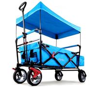 FUXTEC CT500 Blue Folding Wagon for Kids to Sit In - Stroller-Style Push-Pull Cart with Removable Canopy, Rear Bag, Adjustable Handle & 4-Wheel Design for Outdoor Transport