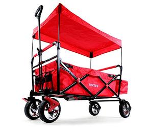 FUXTEC CT500 Red Folding Wagon for Kids to Sit In - Stroller-Style Push-Pull Cart with Removable Canopy, Rear Bag, Adjustable Handle & 4-Wheel Design for Outdoor Transport