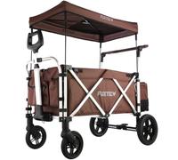 Fuxtec CTL900 Wagon for Kids to Sit In - Folding Stroller Wagon for 2 Kids, Push Pull Cart with 5-Point Harness, Adjustable Handle, Durable & Portable, 4-Wheel Bollerwagen BROWN