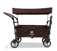 FUXTEC Folding Wagon for Kids to Sit In - Hand Cart, Garden Trolley, Stroller, Outdoor Transport, Fishing, Hiking, Removable Canopy, Push Handle/Pull Rod, Dual Brake System - CT700 Brown