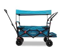 FUXTEC FX-CTB800 Blue Foldable Beach Wagon with Roof - Extra-Wide Wheel Trolley with Push Handle, Parking Brake & Interior Extension - Folding Handcart for Sand & Outdoor Transport