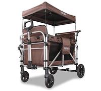 FUXTEC FX-CTXL900 Brown XL All-Terrain Folding Wagon for Kids to Sit In - 4-Seater Collapsible Stroller Wagon with Canopy, Safety Belts & Durable Steel Frame - Foldable Utility Cart for Families