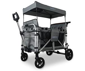 FUXTEC FX-CTXL900 Grey XL All-Terrain Folding Wagon for Kids to Sit In - 4-Seater Collapsible Stroller Wagon with Canopy, Safety Belts & Durable Steel Frame - Foldable Utility Cart for Families