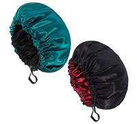Fuyamp 2 Packs Satin Sleep Cap,Adjustable Silky Sleep Bonnet for Women Long Curly Hair,Double-Sided Waterproof Satin Hair Cap Extra Large Sleep Satin Bonnet for Women Girls Sleeping(Red+Lake Green)