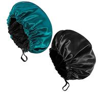 Fuyamp 2 Packs Satin Sleep Cap Shower Cap,Adjustable Silky Sleep Bonnet for Women Long Curly Hair, Double-Sided Waterproof Satin Bath Cap Hair Cap for Women Sleeping Bathing(Black+Lake Green)