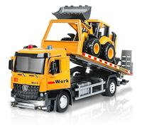 FUYLEY Tow Truck Toy, Metal Cabin Flatbed Tow Truck Toy for Boys Age 3-7 with Backhoe Loader, Friction Powered Trailer, Construction Vehicles with Lights Sounds