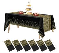 FUYOAL 6 Pieces Black and Gold Table Cloth, Dot Confetti Disposable Party Plastic Tablecloth Party Table Cover for Picnic Baby Shower Halloween Christmas(54" x 108")
