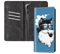 FUYOCWE Bifold Wallet for Men Women,RFID Blocking PU Leather Long Wallet Clutch Bag with Money Phone Pockets + Card Slots+ Dual Magnetic Clasp Closure, White Beard Cat Pipe in Mouth, 7.76X4.3 inches