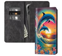 FUYOCWE Bifold Wallet for Men Women,RFID Blocking PU Leather Long Wallet Clutch Bag with Money Phone Pockets + Card Slots+ Dual Magnetic Clasp Closure, Dolphins Jump in the Sunset, 7.36x3.9 inches