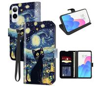 FUYOCWE for Cricket Icon 6 Phone Case Wallet for Cricket Icon 6 SL219C Case with Card Holder Slot,Leather Flip Cover w/Kickstand+RFID Blocking+Magnetic Snap-Black Cat Starry Night