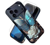 FUYOCWE for iPhone 17 Pro Max Case,Blue Butterfly Set on White Rose Cover w/Side Pattern,Screen Protector + Hybrid Slim Dual Layers Soft Inner & Hard Case for iPhone 17 Pro Max 6.9"