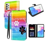 FUYOCWE for Samsung Galaxy A32 5G Phone Case with Card Holder,Galaxy A32 SM-A326 Wallet Case for Women,Leather Flip Cover w/Kickstand+RFID Blocking+Magnetic Snap-Dog Pawprint Rainbow