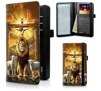 FUYOCWE Leather Checkbook Cover for Men Women Checkbook Covers Personal Checks Card Register Holder Wallet W/RFID Blocking & Pen Holder-Lion Lamb Jesus Cross