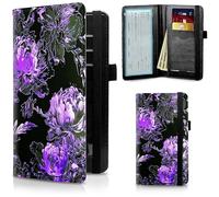 FUYOCWE Leather Checkbook Covers for Men Women Check book Holder Cover Wallets for Personal Checkbook Duplicate Checks with RFID Blocking & Elastic Strap, Purple peony Flowers Drawing, Classic