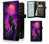 FUYOCWE Leather Checkbook Covers for Men Women Check book Holder Cover Wallets for Personal Checkbook Duplicate Checks with RFID Blocking & Elastic Strap, Purple Wolf Moon Drawing, Classic