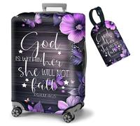 FUYOCWE Suitcase Covers for Luggage Tsa Approved, Washable Elastic Travel Luggage Cover Protector with Baggage Tag, Fits 19-32 inch Suitcase, Purple Flowers Bible Verses, L (for 26"-28" Suitcase)