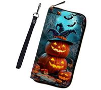 FUYOCWE Wristlet Wallet for Women,RFID Blocking Leather Zip Around Wallet Large Capacity Phone Credit Card Holder Ladies Clutch Long Purse -Pumpkin with wizard hat