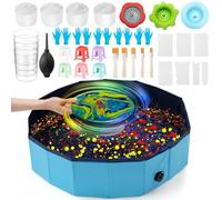 Fuyoooo 1 Set Paint Pouring Supplies 1 Acrylic Paint Pouring Splash Guard 12 Canva Stands 4 Split Cups 3 Painting Strainer 4 Measuring Cups 7 Cleaning Scraper 5 Pairs of Gloves 5 Brush 1 Dust Balloon