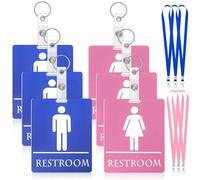 Fuyoooo 6 Set Bathroom Pass Restroom Hall Pass for Classrooms with Key Holder Keychain with Lanyard PVC Blue and Pink Restroom Passes for Classrooms Women Men