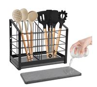 FuyoSegen Large Utensil Holder for Kitchen Counter | Matte Black Metal Cooking Utensil Organizer with Diatomaceous Earth Base,2 Compartment Utensil Crock Storage,8.3"x4.3" x7.1"