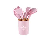 FUYTERY 11 Pcs Kitchen Silicone Cooking Utensil Heat Resistant Stainless Steel Cookware Spoon Shovel Set (Pink)